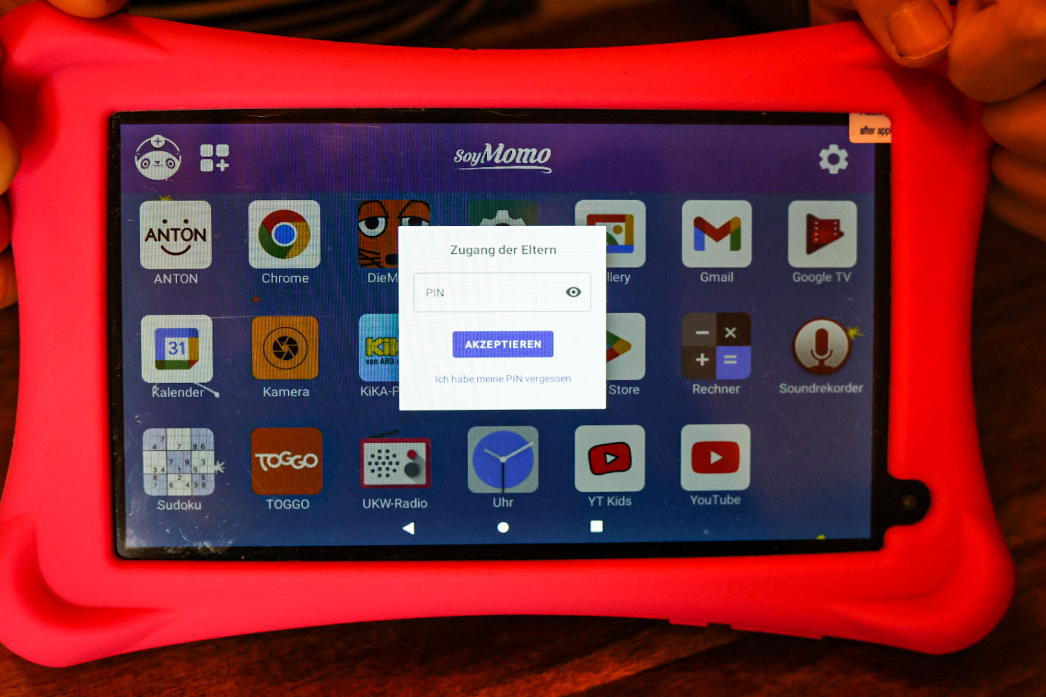 Der Soymomo Elternzugang ist nur mit PIN zugänglich